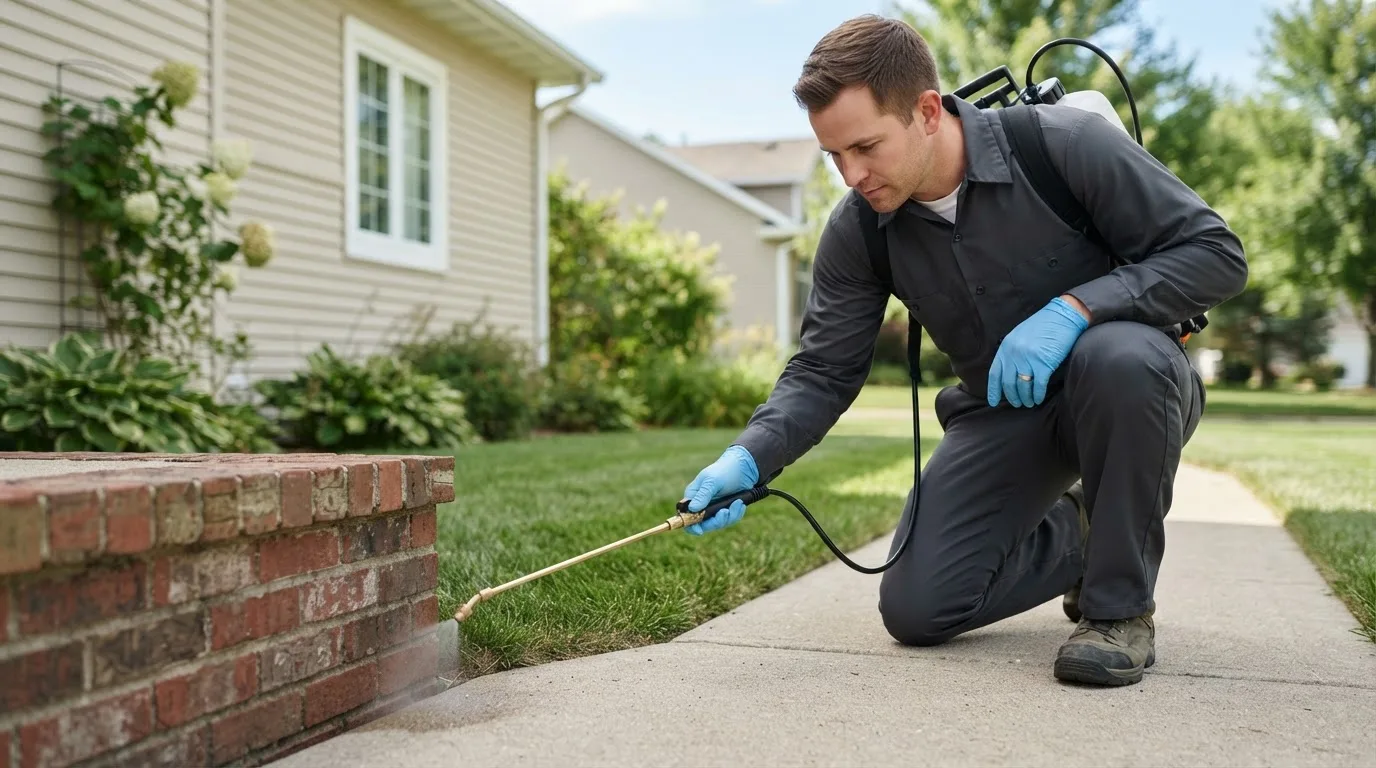 Pest control technician treating a home near Lawrence, KS